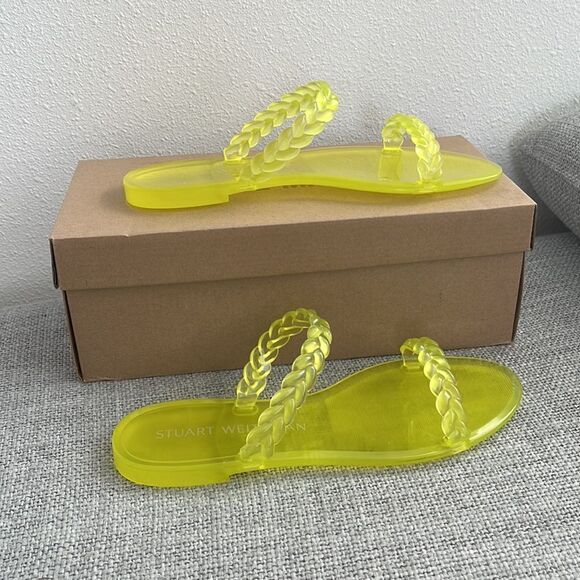 Stuart Weitzman Shoes Size 9 Yellow Braida Rubbed Two Strap‎ Slides - Picture 2 of 6